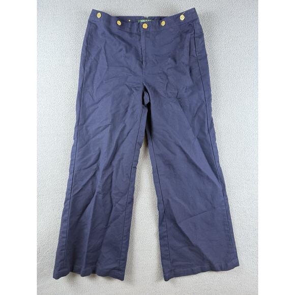Lauren Ralph Lauren Pants 8 Navy Blue High Waisted Gold Sailor Button Wide Leg - Picture 1 of 7